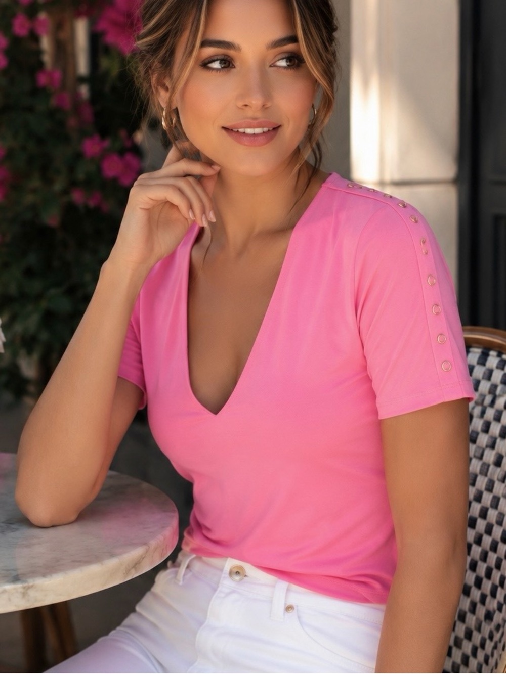 Guess by Marciano Pink Short Sleeve V-Neck Top